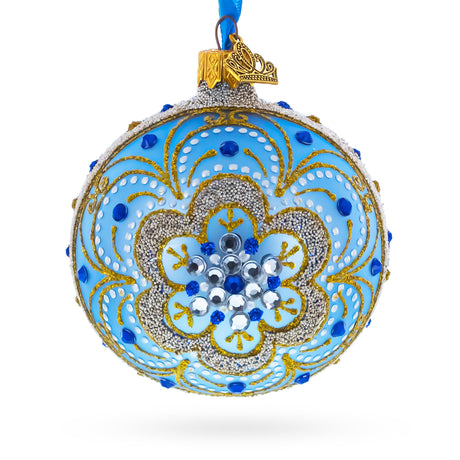 Baroque Filigree with Gemstones on Blue Glass Ball Christmas Ornament 3.25 Inches in  color Round