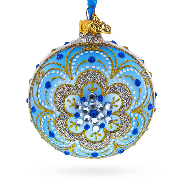 Baroque Filigree with Gemstones on Blue Glass Ball Christmas Ornament 3.25 Inches in  color Round