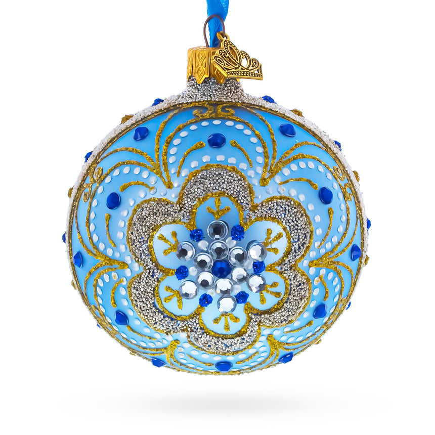 Baroque Filigree with Gemstones on Blue Glass Ball Christmas Ornament 3.25 Inches in  color Round