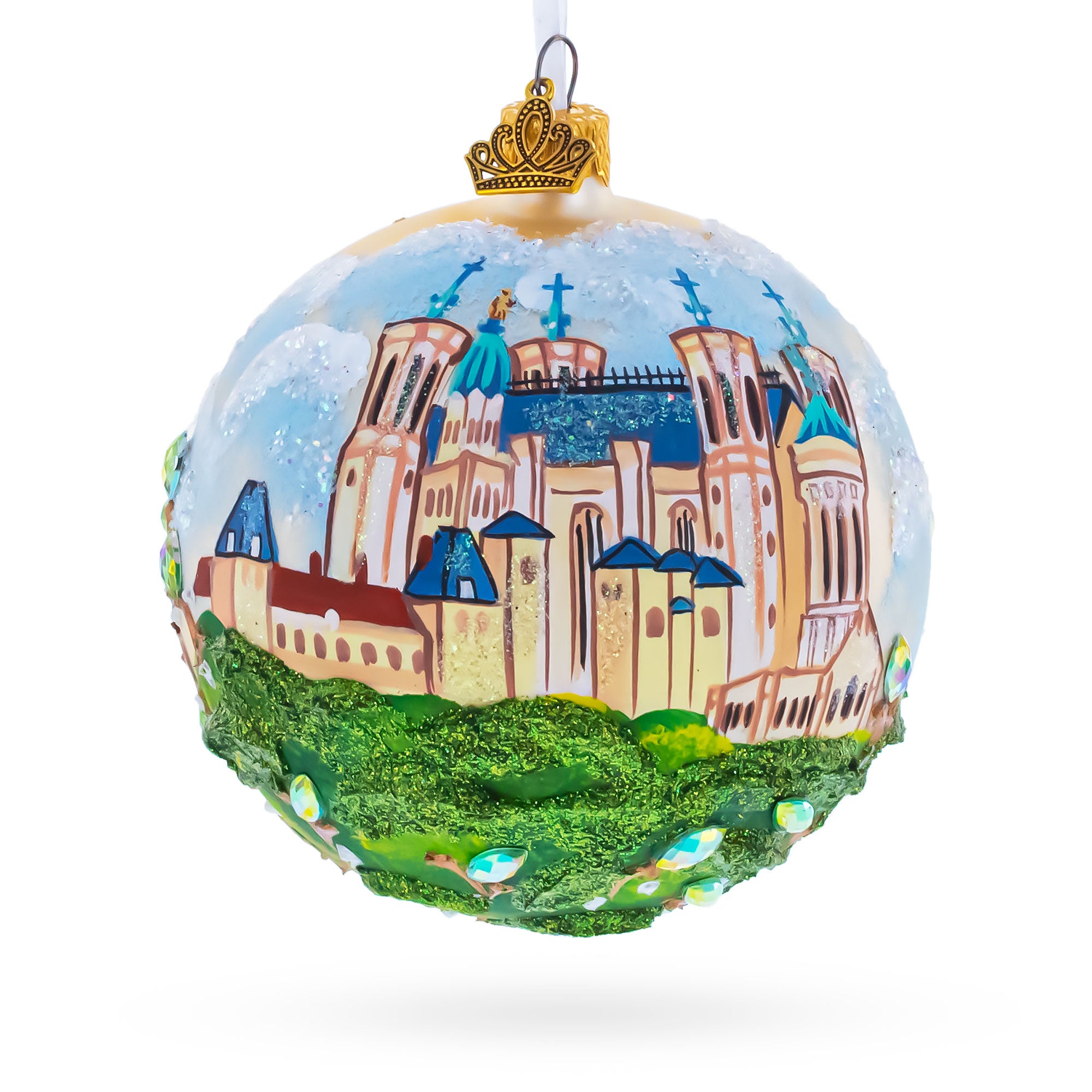 Basilica of Notre Dame of Fourviere, Lyon, France Glass Ball Christmas Ornament in Multi color Round