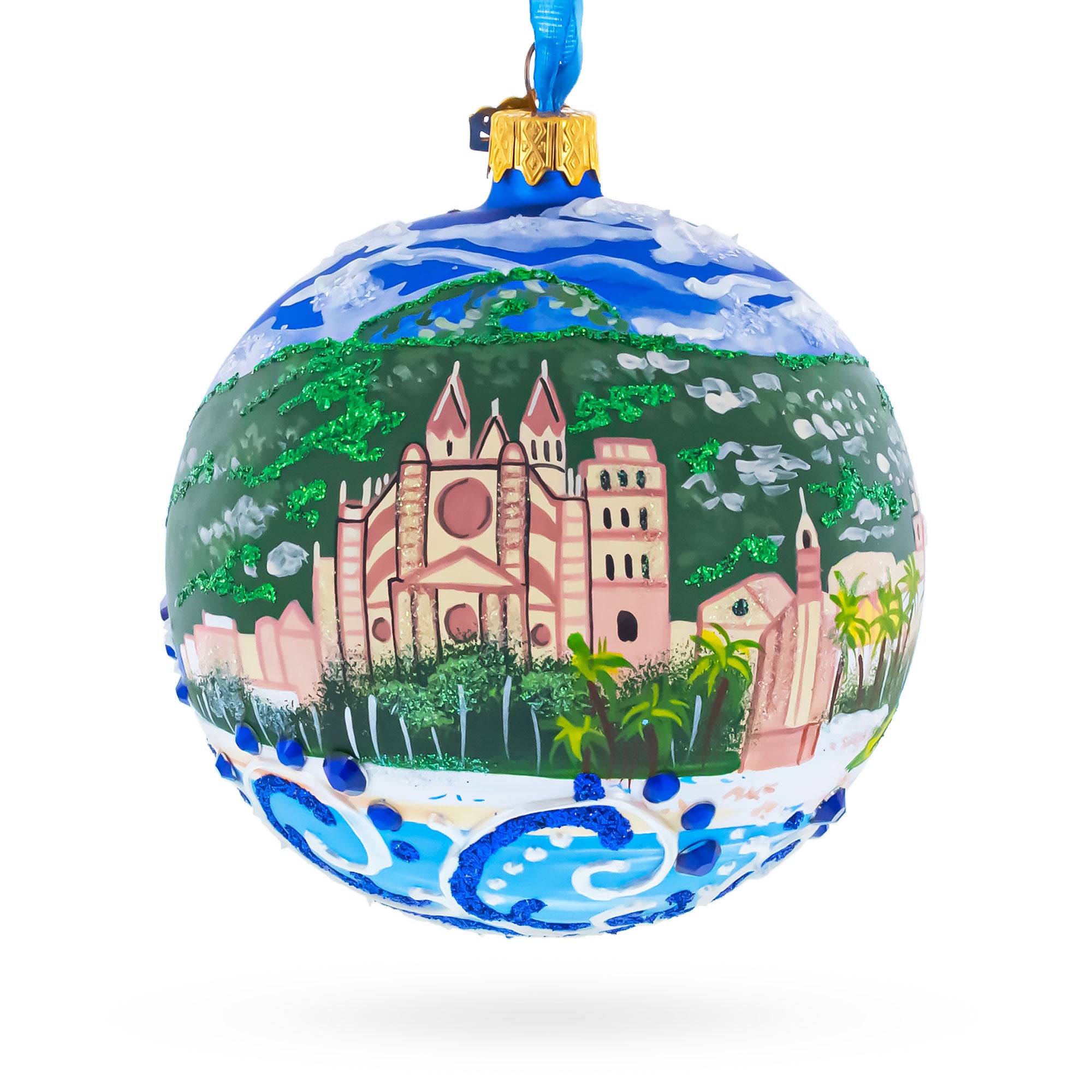 Cathedral of Santa Maria of Palma (La Seu), Mallorca, Spain Glass Ball Christmas Ornament in Multi color Round