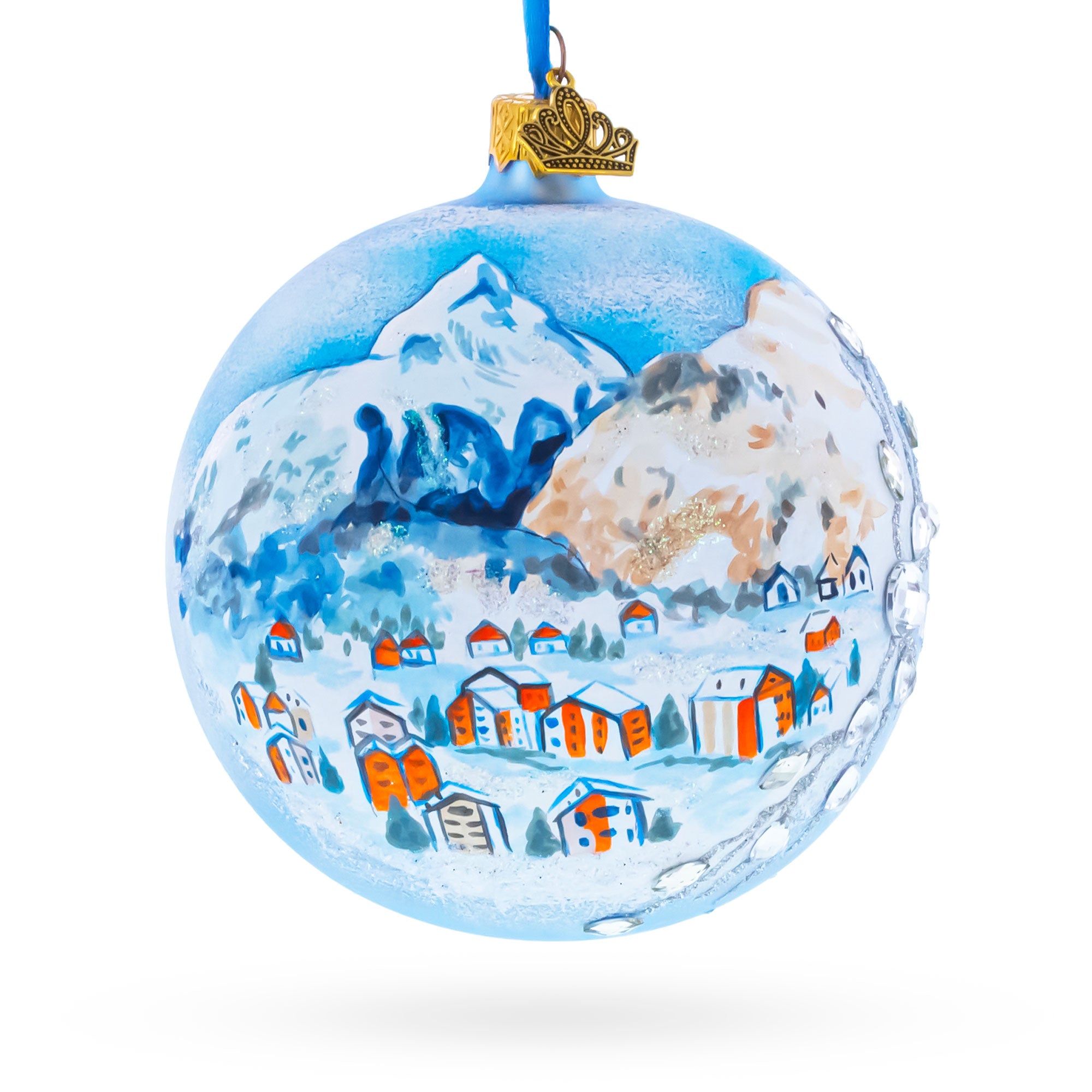 Matterhorn, Zermatt, Switzerland Jeweled Glass Ball Christmas Ornament 4 Inches in Multi color Round