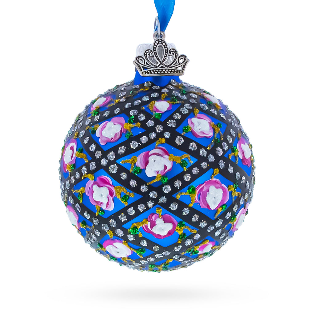 1907 Rose Trellis Royal Green Glass Ball Christmas Ornament 2.4 Inches in Blue color Round