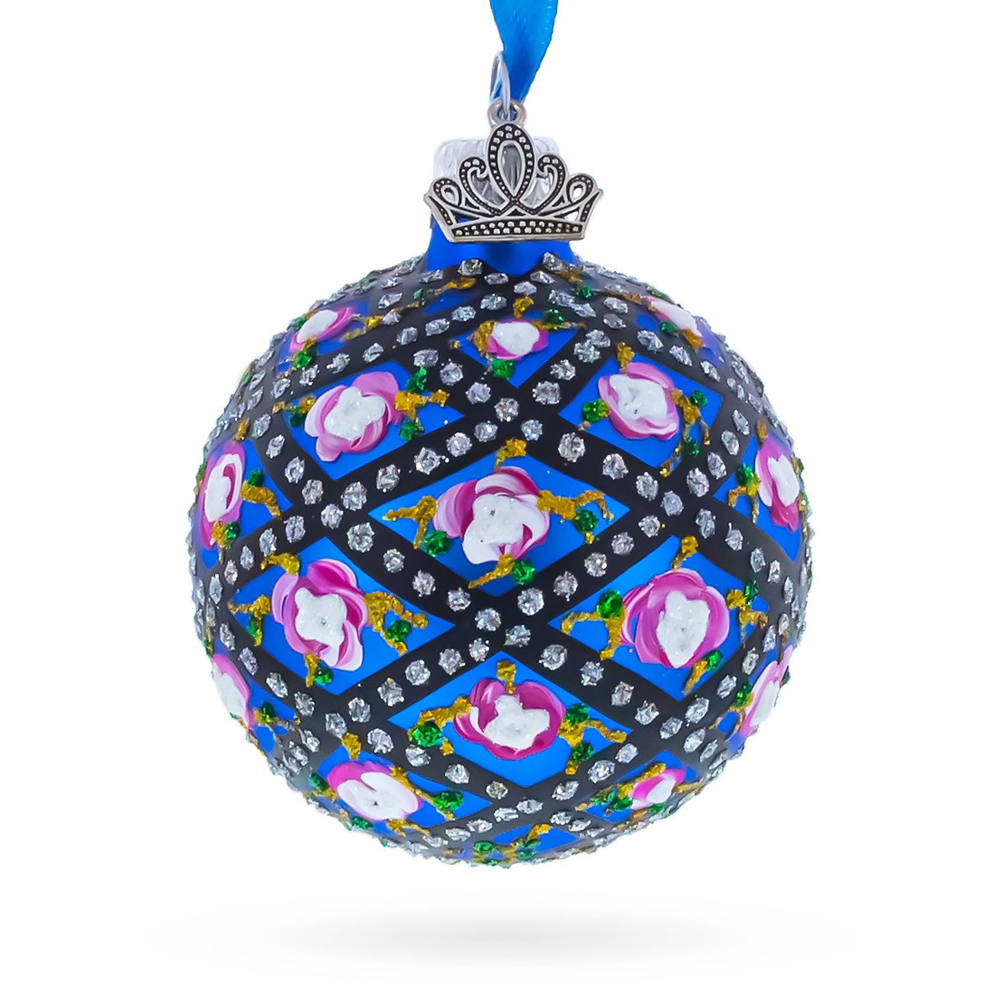 1907 Rose Trellis Royal Green Glass Ball Christmas Ornament 2.4 Inches in Blue color Round