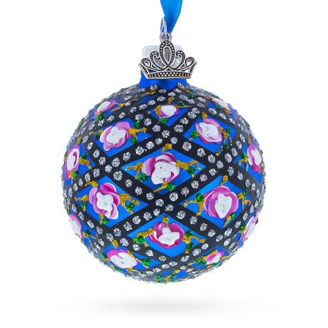 1907 Rose Trellis Royal Green Glass Ball Christmas Ornament 2.4 Inches in  color Round