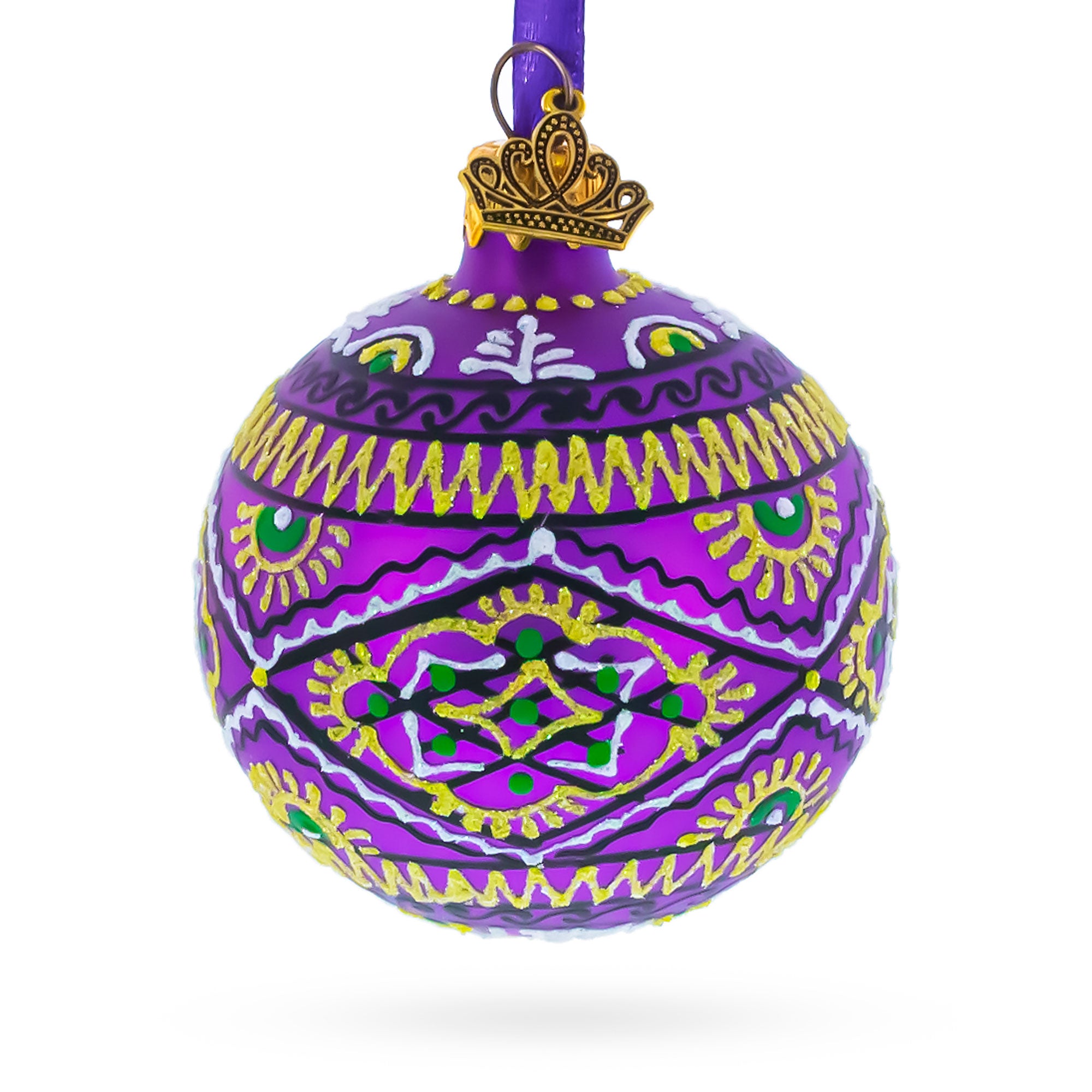 Purple Geometric Ukrainian Glass Ball Christmas Ornament 2.4 Inches in Purple color Round