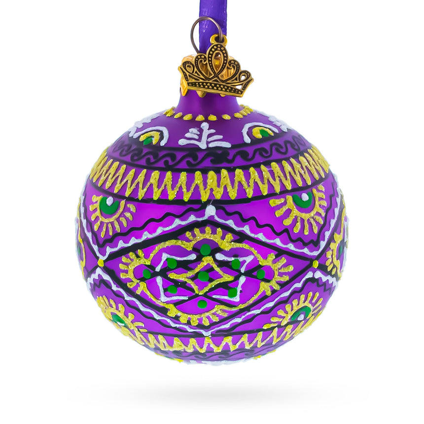 Purple Geometric Ukrainian Glass Ball Christmas Ornament 2.4 Inches in  color Round