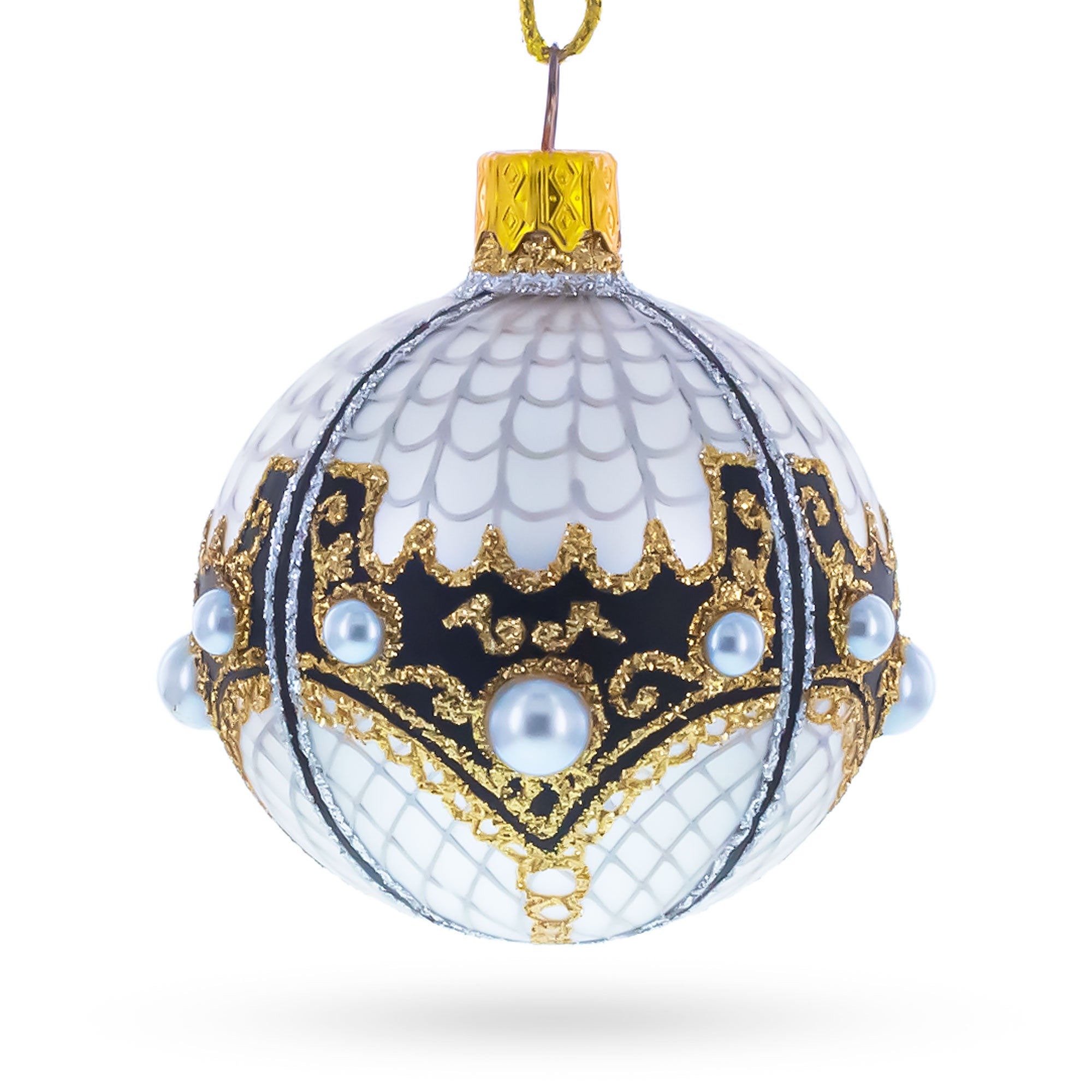 Mother Of Pearl on Gold Filigree Glass Ball Christmas Ornament 2.4 Inches in White color Round