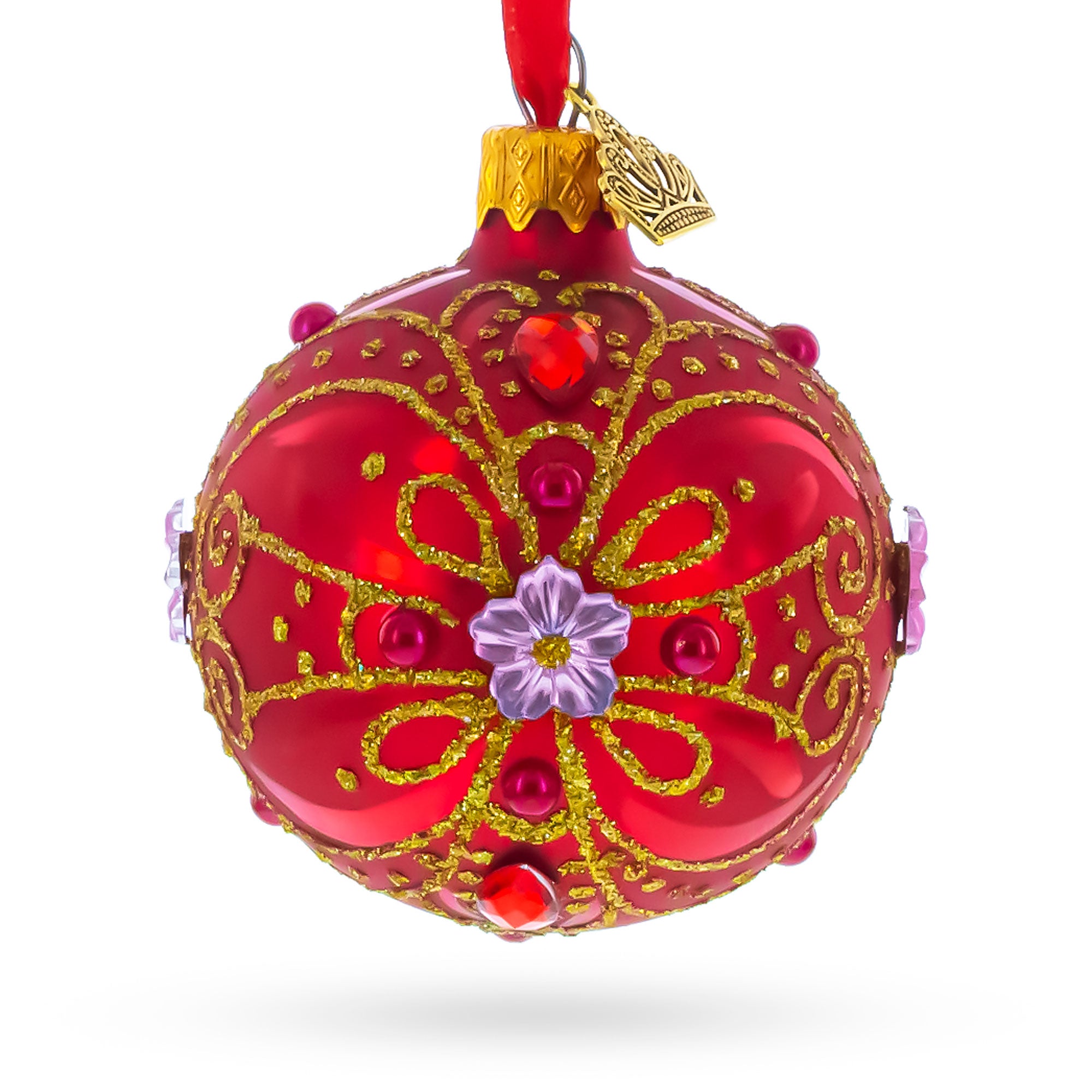 Red and Gold Glitter Scrollwork & Gem Accents Glass Ball Christmas Ornament 2.4 Inches in Red color Round
