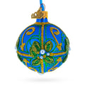 Green & Gold Glitter Pearls & Floral Accents Blue Glass Ball Christmas Ornament 2.4 Inches in Blue color Round