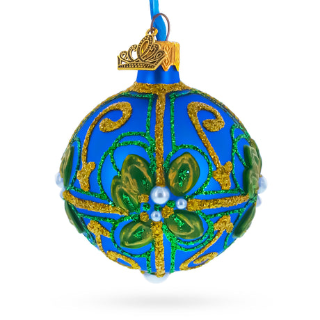 Green & Gold Glitter Pearls & Floral Accents Blue Glass Ball Christmas Ornament 2.4 Inches in Blue color Round