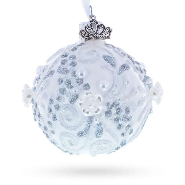Silver Glitter Scrolls, Pearls & Rose Accents Winter Elegance Glass ball Ornament 2.4 Inches in White color Round
