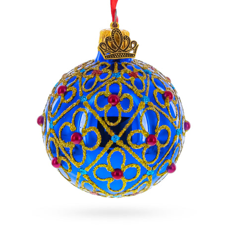 Red Beads, Blue Crystals & Filigree Trellis Glitter on Gold Glass ball Ornament 2.4 Inches in Blue color Round