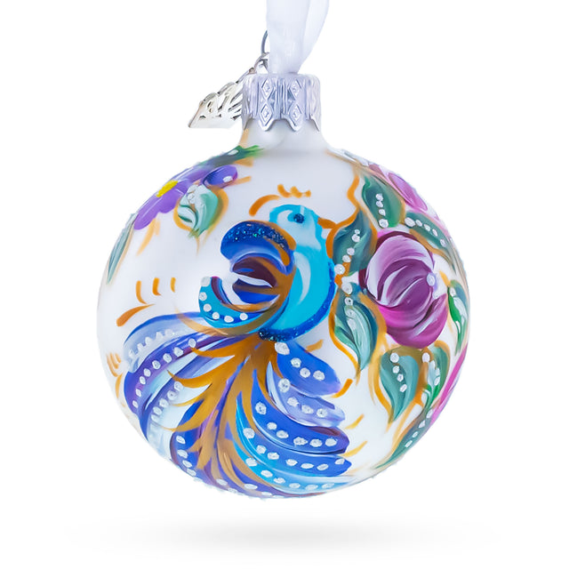 Bird & Floral Design Folk Art Glass ball Ornament 2.4 Inches in White color Round