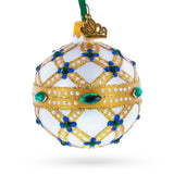 Yellow Trellis, Green Gems & Royal Blue Accents Glass Ball Christmas Ornament 2.4 Inches in Ivory color Round