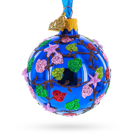 Vibrant Pink Heart Vines with 3D Roses Glass Ball Christmas Ornament 2.4 Inches in Pink color Round