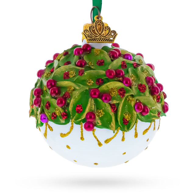 Red Pearls and Poinsettia Flowers on Glossy White Glass Ball Christmas Ornament 2.4 Inches in Multi color Round