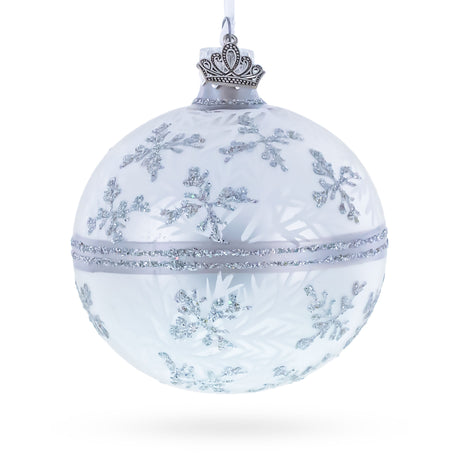White Winter Glitter Snowflake Design Glass Ball Christmas Ornament 3.25 Inches in White color Round
