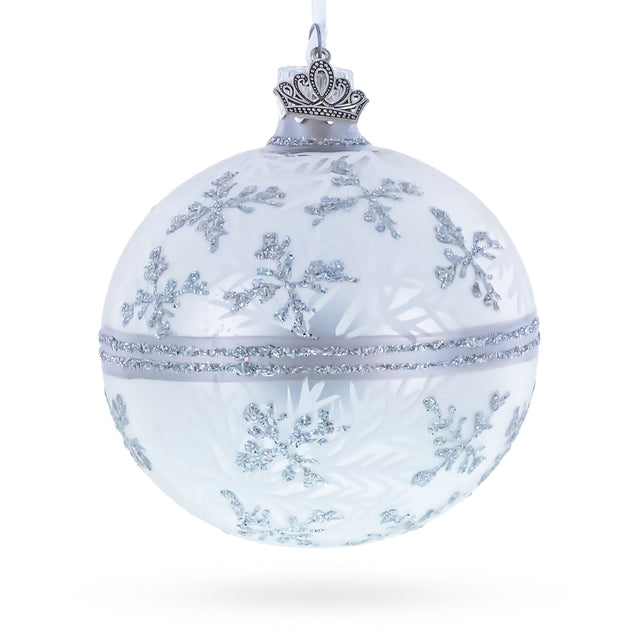 White Winter Glitter Snowflake Design Glass Ball Christmas Ornament 3.25 Inches in White color Round