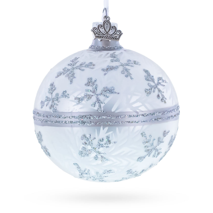 White Winter Glitter Snowflake Design Glass Ball Christmas Ornament 3.25 Inches in White color Round