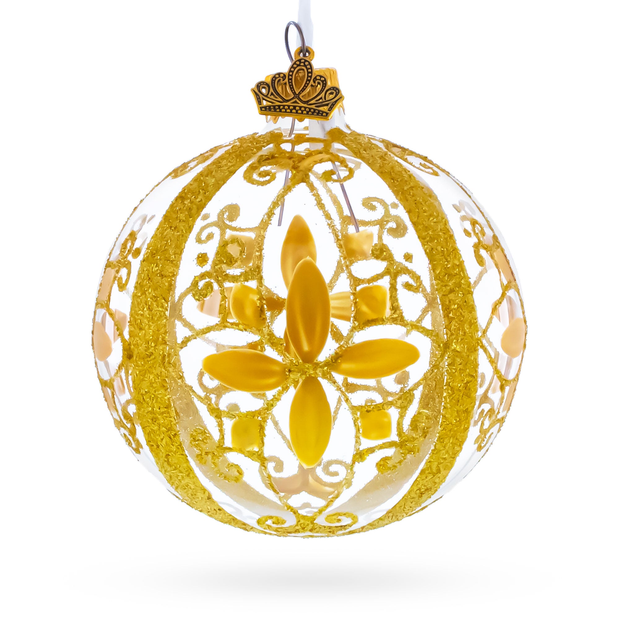 Gold Filigree Floral Design Glass Ball Christmas Ornament 3.25 Inches in Gold color Round