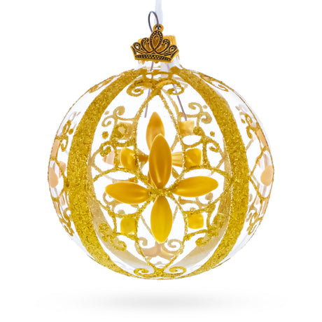 Gold Filigree Floral Design Glass Ball Christmas Ornament 3.25 Inches in Gold color Round