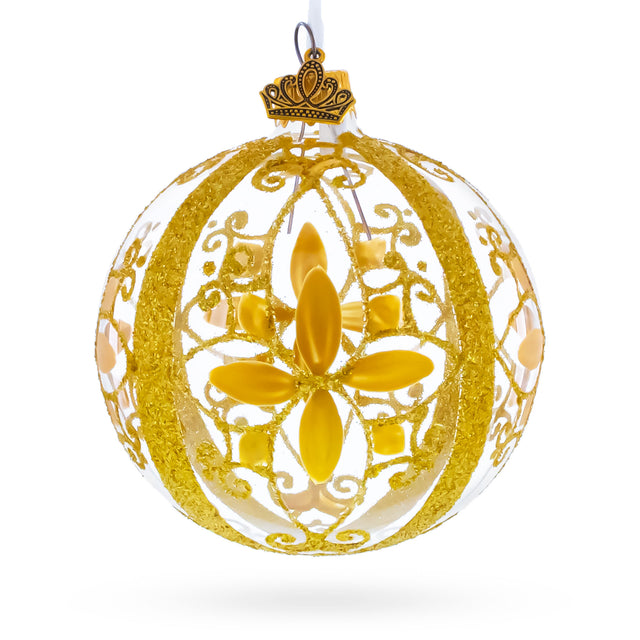 Gold Filigree Floral Design Glass Ball Christmas Ornament 3.25 Inches in Gold color Round