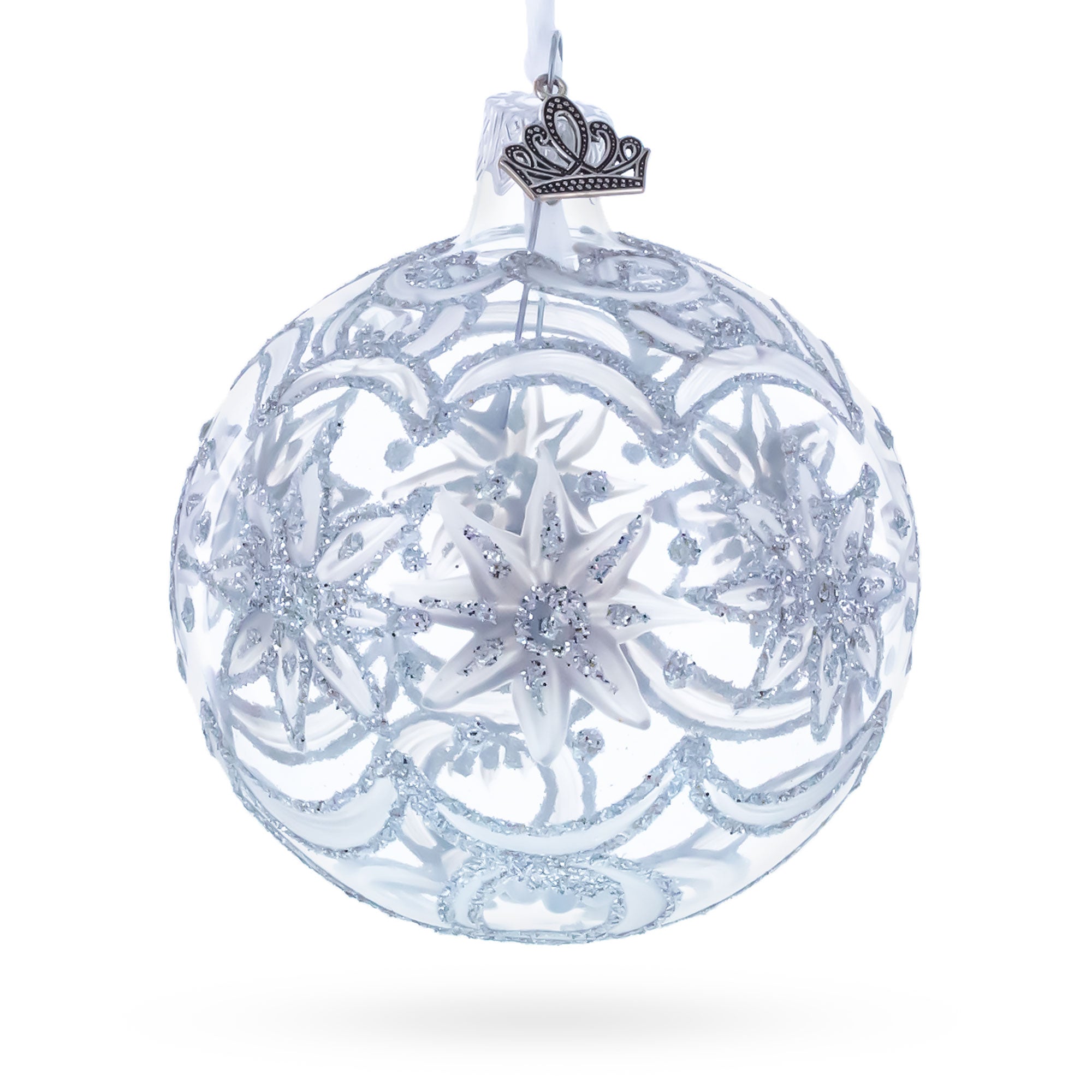 Frosted Silver Poinsettia Sparkle Glass Ball Christmas Ornament 3.25 Inches in Silver color Round