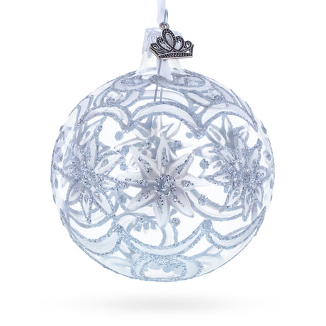 Frosted Silver Poinsettia Sparkle Glass Ball Christmas Ornament 3.25 Inches in Silver color Round