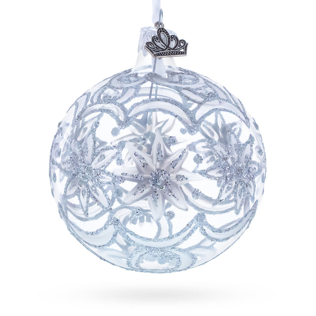 Frosted Silver Poinsettia Sparkle Glass Ball Christmas Ornament 3.25 Inches in Silver color Round
