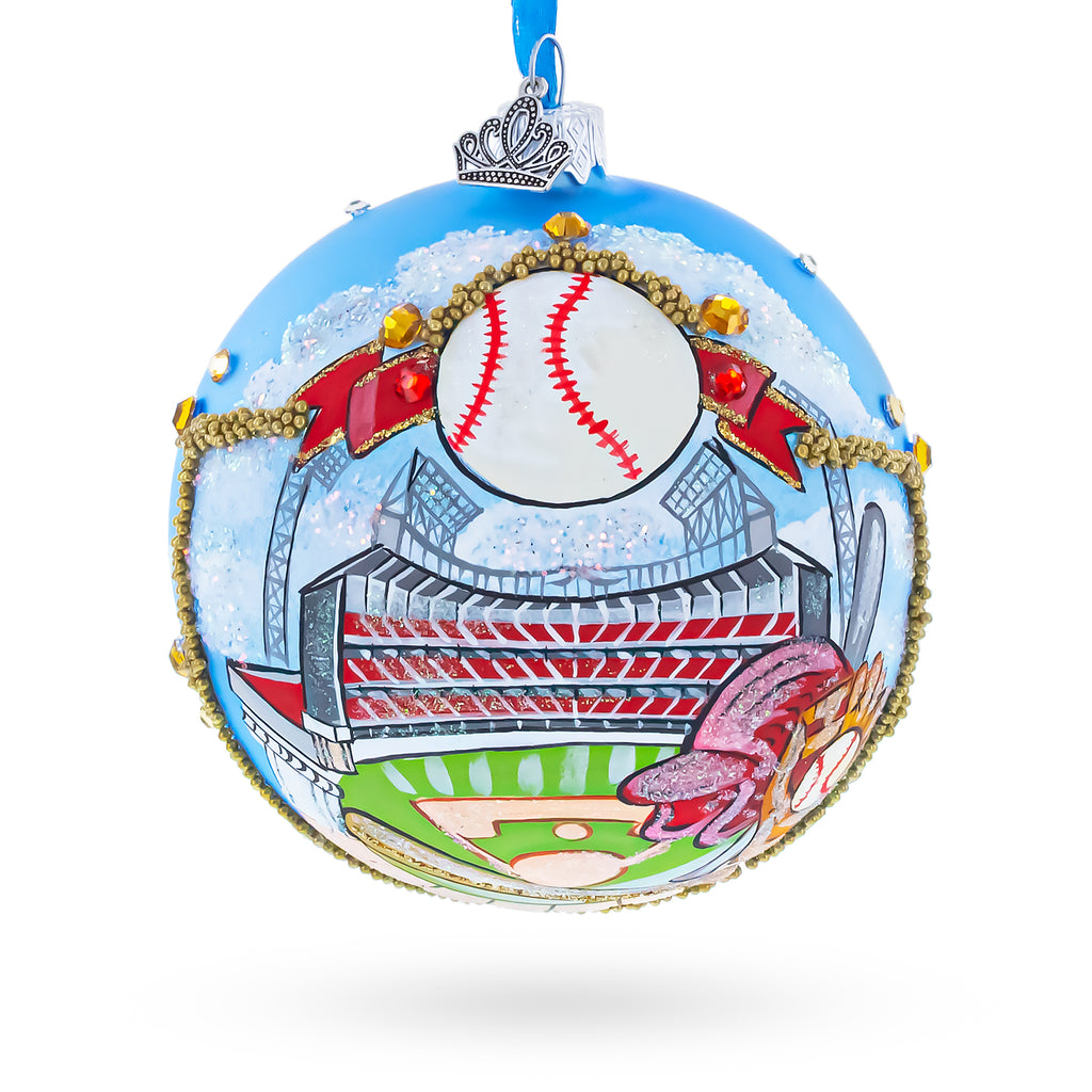 Baseball Stadium Scene Glass Ball Christmas Ornament 4 Inches in Multi color Round