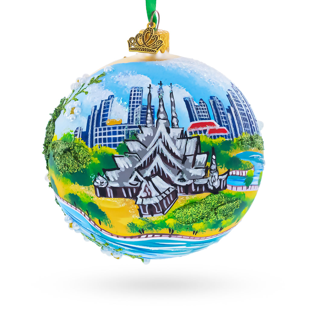 The Sanctuary Of Truth, Pattaya, Thailand Glass Ball Christmas Ornament 4 Inches in Multi color Round
