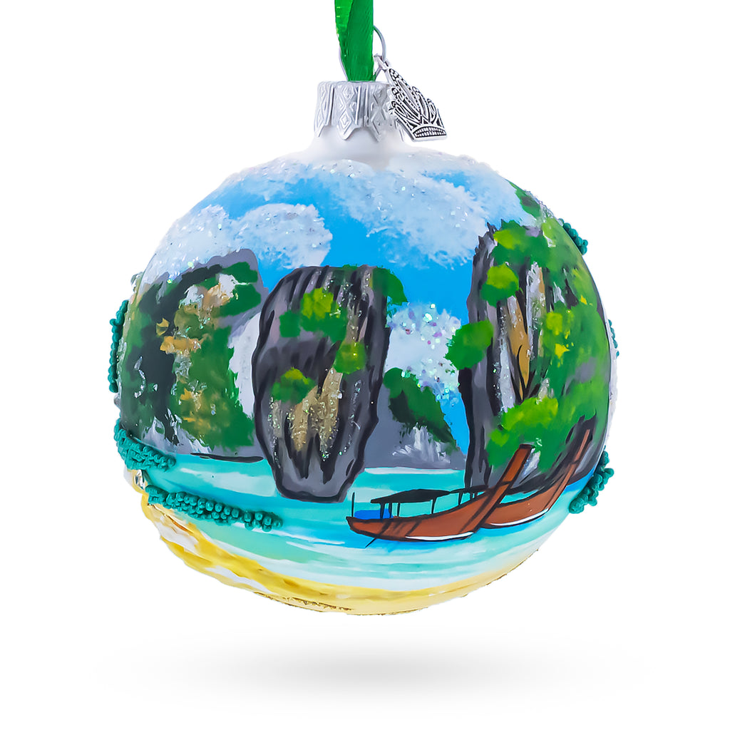 Phang Nga Bay Beach, Phuket, Thailand Glass Ball Christmas Ornament 3.25 Inches in Multi color Round