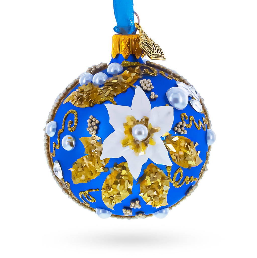 Baroque Style White Petal Flower with Gold Scrolls & Jeweled Accents Glass Ball Christmas Ornament in Blue color Round