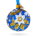 Baroque Style White Petal Flower with Gold Scrolls & Jeweled Accents Glass Ball Christmas Ornament in Blue color Round