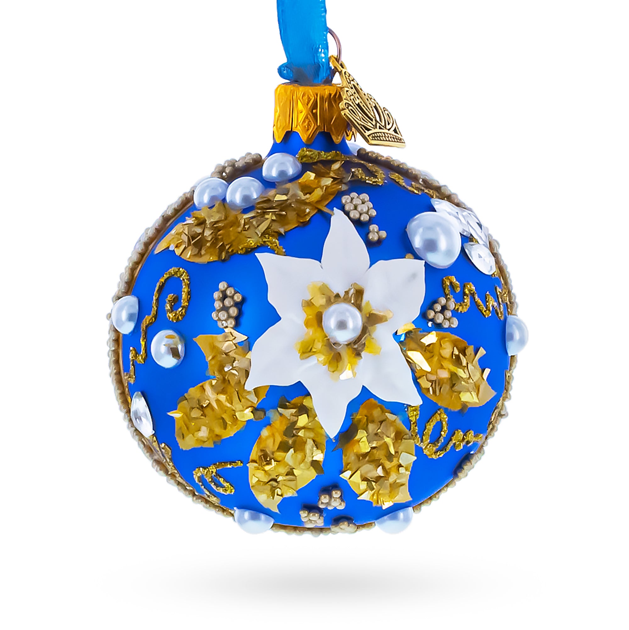Baroque Style White Petal Flower with Gold Scrolls & Jeweled Accents Glass Ball Christmas Ornament in Blue color Round