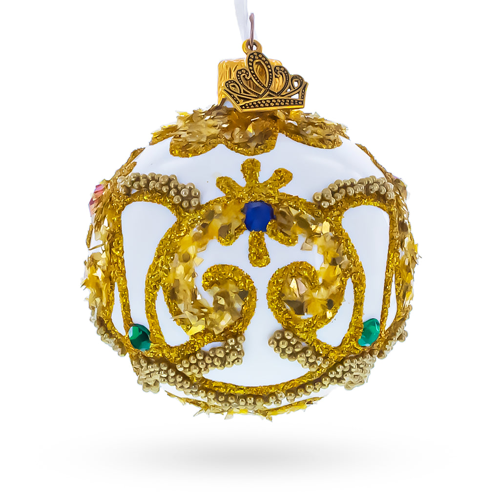 Gold Glitter Scrolls and Multicolor Jewel Accents on White Glass Ball Christmas Ornament in Gold color Round