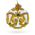 Gold Glitter Scrolls and Multicolor Jewel Accents on White Glass Ball Christmas Ornament in Gold color Round