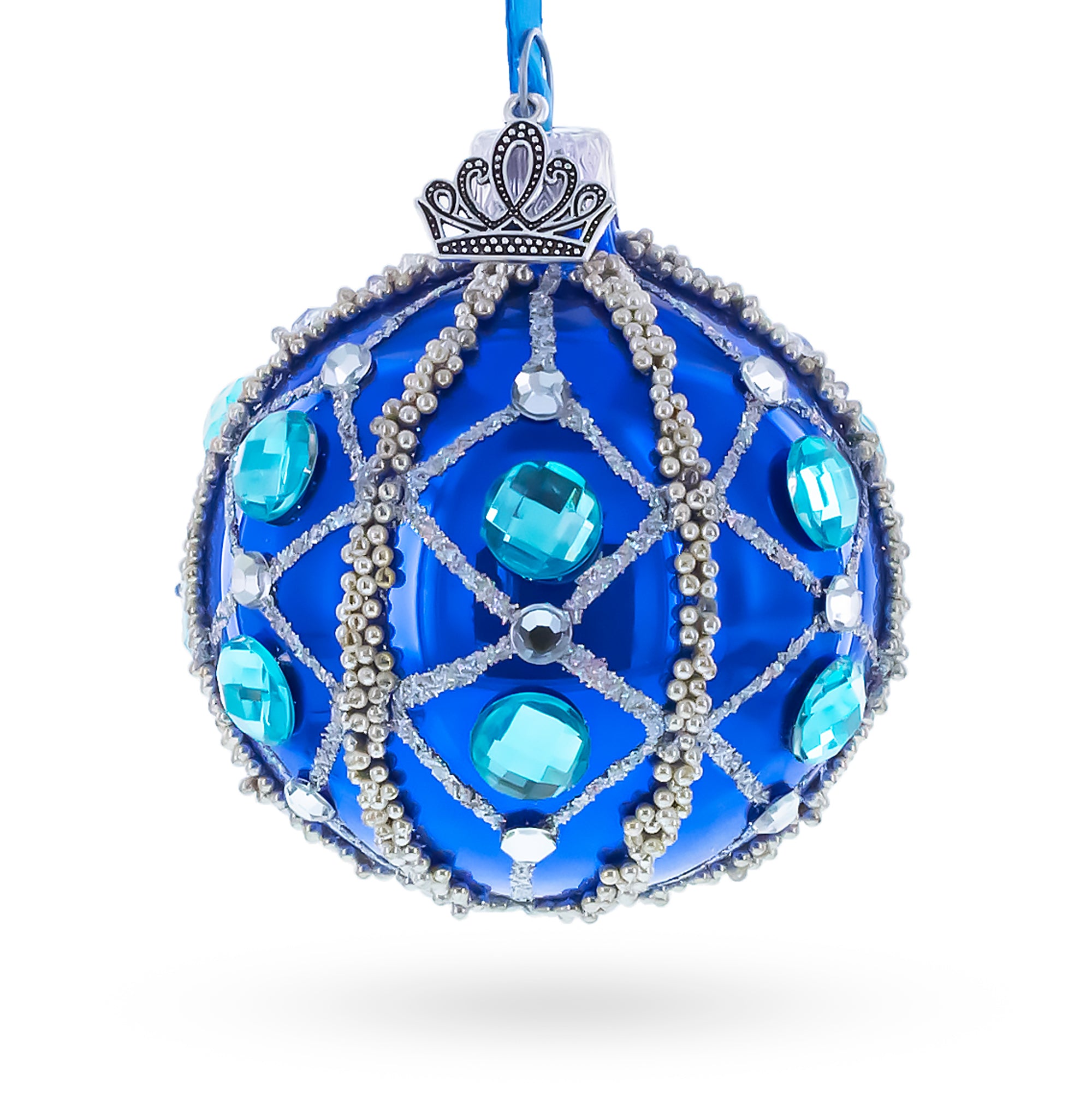 Silver Bead Lattice and Aqua Jewel Accents on Glossy Blue Glass Ball Christmas Ornament in Blue color Round