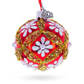 White Glitter Daisies and Pearls on Glossy Red with Gold Trim Glass Ball Christmas Ornament in Red color Round