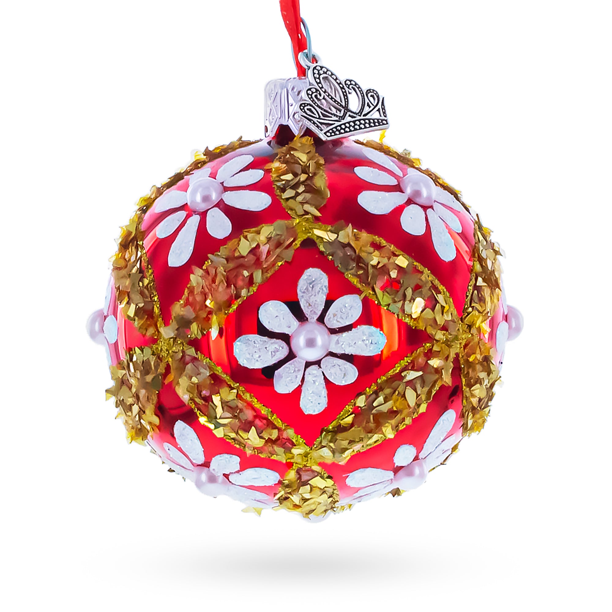 White Glitter Daisies and Pearls on Glossy Red with Gold Trim Glass Ball Christmas Ornament in Red color Round