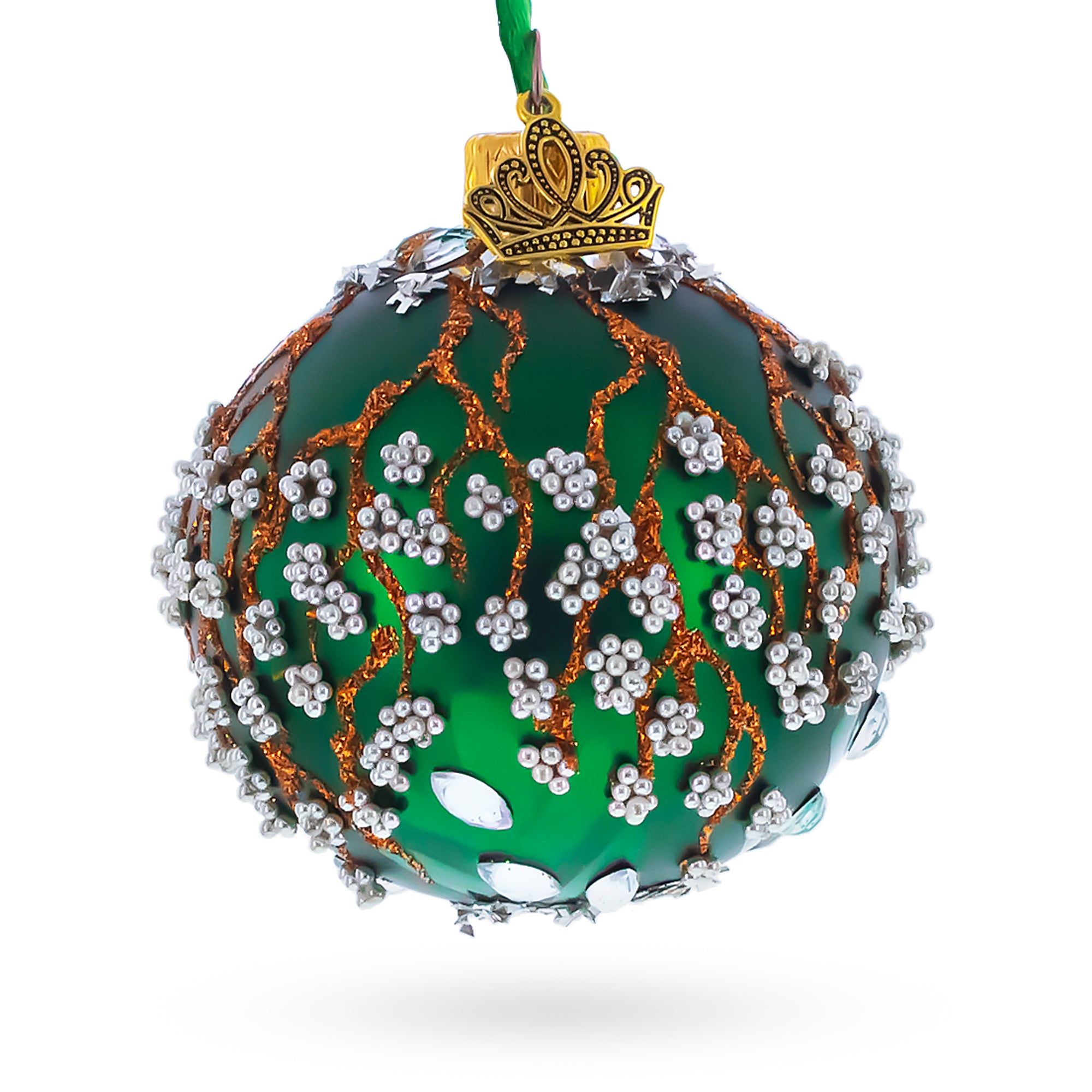 Copper Glitter Branches and Pearl Berry Accents on Green Glass Ball Christmas Ornament in Green color Round