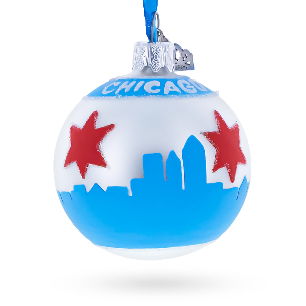 Chicago Skyline and Flag on Silver Glass Ball Christmas Ornament in Multi color Round