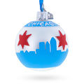 Chicago Skyline and Flag on Silver Glass Ball Christmas Ornament in Multi color Round