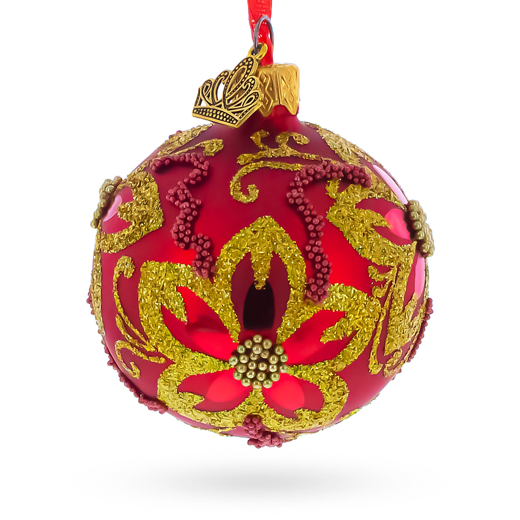 Gold Glitter Floral Scrolls and Beaded Petals on Red Glass Ball Christmas Ornament in Red color Round