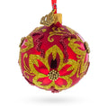 Gold Glitter Floral Scrolls and Beaded Petals on Red Glass Ball Christmas Ornament in Red color Round