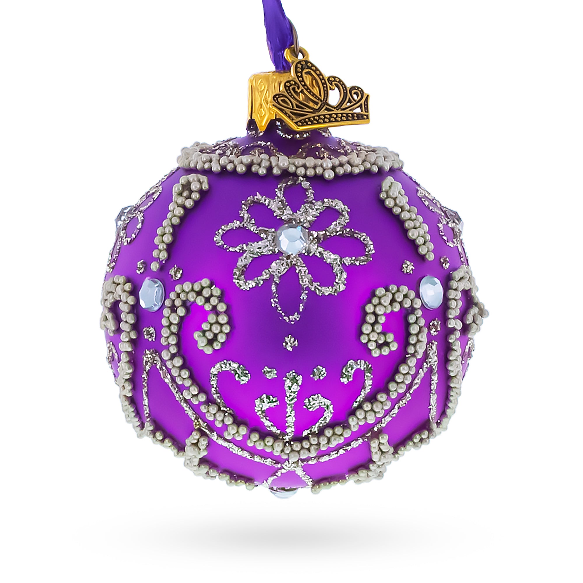 Silver Glitter Florals and Pearl Bead Scrollwork on Purple Glass Ball Christmas Ornament in Purple color Round
