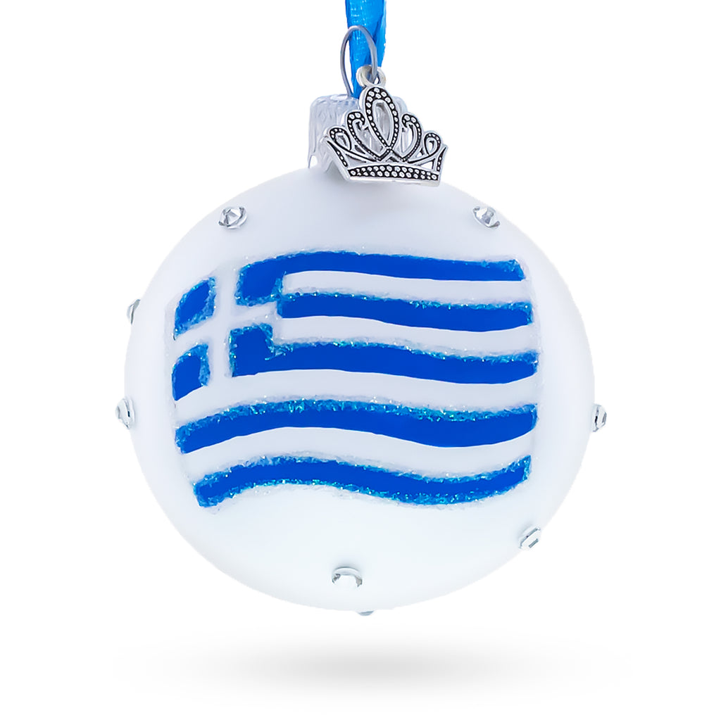 Greek Flag and “Greece” Script with Crystal Accents on Frosted White Glass Ball Christmas Ornament in Multi color Round