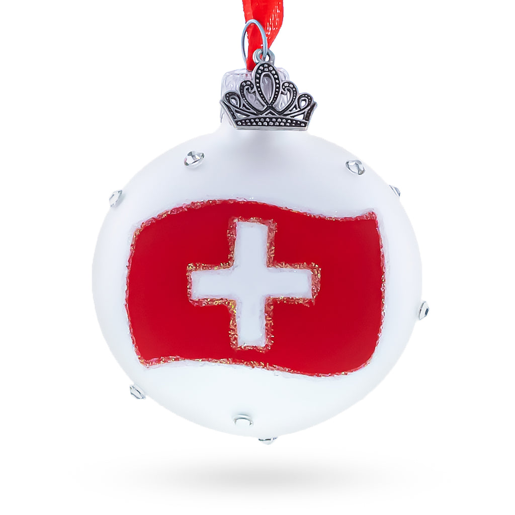 Swiss Flag Crystal Accents on Glass Ball Christmas Ornament in Multi color Round