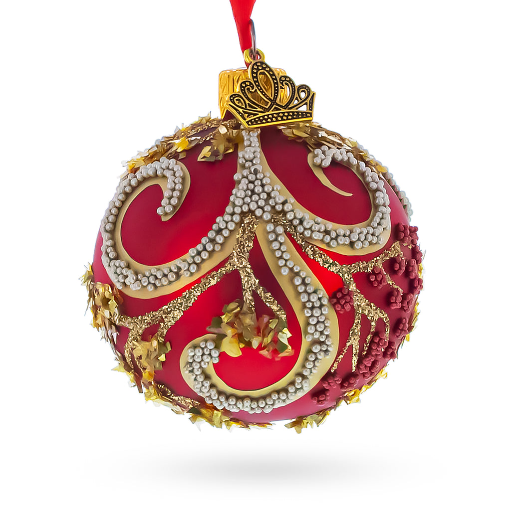 Glittered Red Berries and Gold Leaf Branches on Red Glass Ball Christmas Ornament in Red color Round